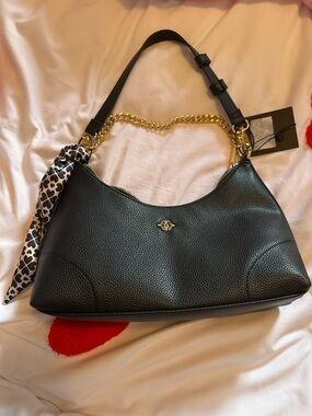 Black Leather Shoulder Bag with Gold Chain Detail